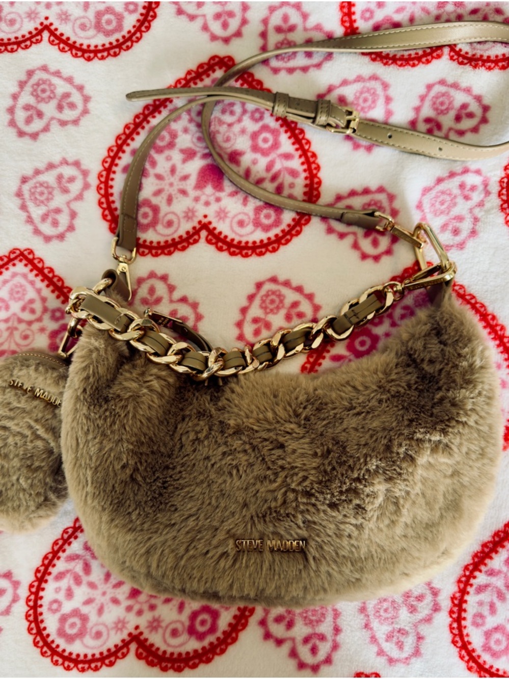 Steve Madden Camel Faux Fur Shoulder Bag with Gold Chain